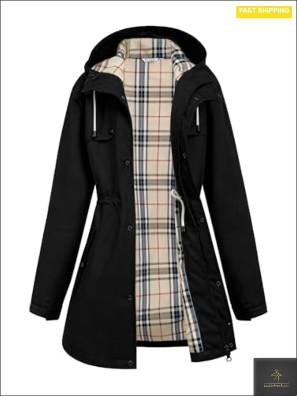 Women's Waterproof Long Hooded Lined Rain Jacket with Adjustable Waist